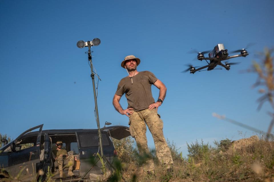 A Ukrainian soldier of 24th brigade prepares equipment of FPV drones (Anadolu Agency via Getty Images)