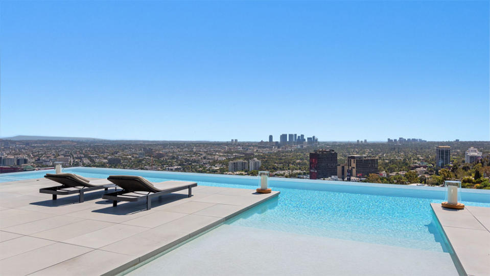 One of the home’s two swimming pools with prime Los Angeles views.