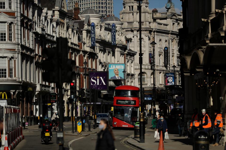 Theatres stand temporarily closed on Shaftesbury Avenue during England's third coronavirus lockdown (AP)