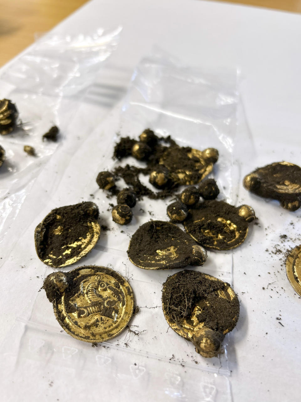 Gold treasure discovered by Erlend Bore with a metal detector on the island of Rennesoey in Stavanger, Norway, Thursday Sept. 7, 2023. Bore found nine pendants, three rings and 10 gold pearls on a southern island in what was described as the gold find of the century in Norway. (Anniken Celine Berger/Archaeological Museum, UiS via NTB via AP)