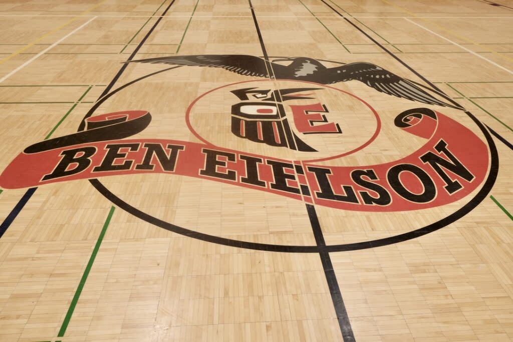 The Ben Eielson Junior Senior High School basketball court sports the school's mascot on April 22, 2024. The school will close at the end of the year due to budget constraints. (Photo by Claire Stremple/Alaska Beacon)