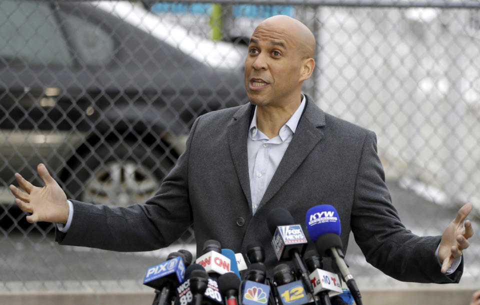 U.S. Sen. Cory Booker, D-NJ, speaks during a news conference outside of his home, Friday, Feb. 1, 2019, in Newark, N.J. Booker earlier in the day declared his bid for the presidency with a sweeping call to unite a deeply polarized nation around a "common purpose." (AP Photo/Julio Cortez)