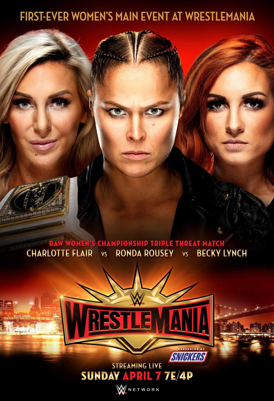 Charlotte Flair, Becky Lynch and Ronda Rousey's triple-threat match for the WWE Raw Women's Championship was announced as the main event for WrestleMania 35. (Photo courtesy of WWE)