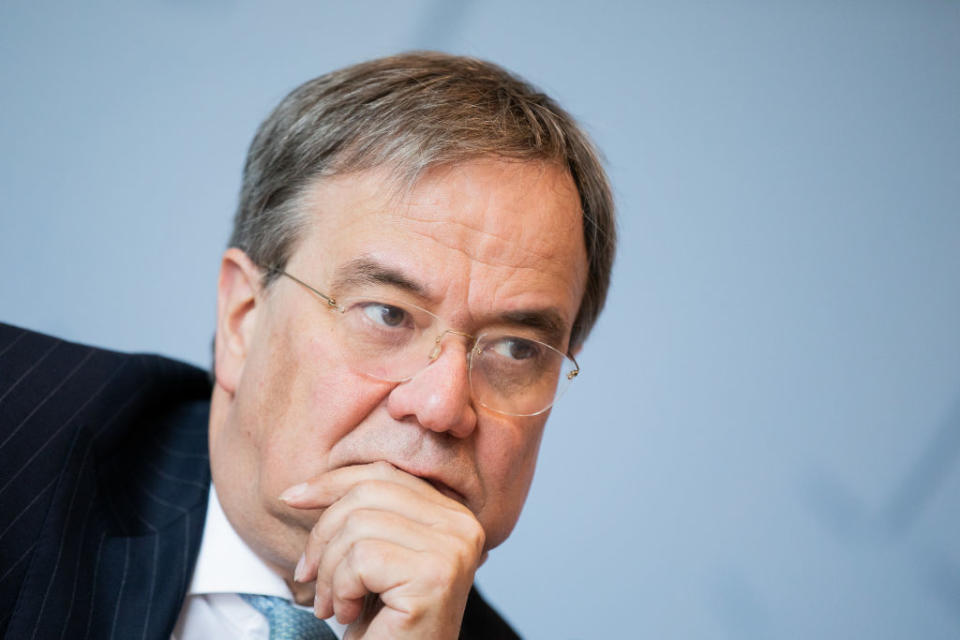 30 June 2020, North Rhine-Westphalia, Duesseldorf: Armin Laschet (CDU), Minister President of North Rhine-Westphalia, speaks at the state press conference in the state parliament. Photo: Rolf Vennenbernd/dpa (Photo by Rolf Vennenbernd/picture alliance via Getty Images)