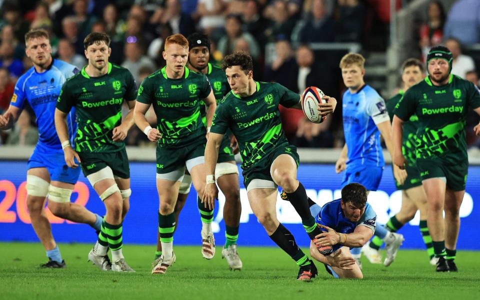 Henry Arundell of London Irish runs with the ball during the Premiership Rugby Cup Final between London Irish and Worcester Warriors at Brentford Community Stadium on May 17, 2022 in Brentford, England - GETTY IMAGES