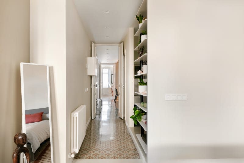 Modern floating shelves in hallways with plants on display