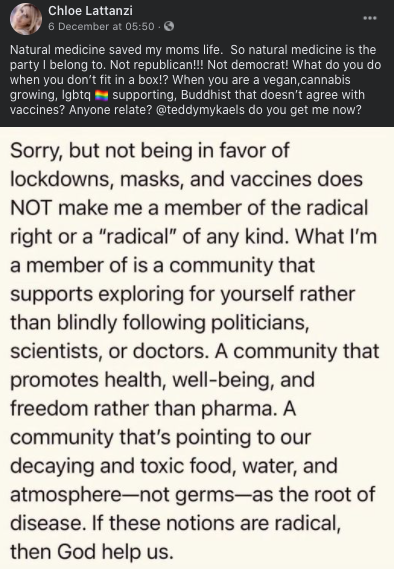 A screenshot of Chloe Lattanzi's Facebook post in which she claimed she "doesn't agree with vaccines"