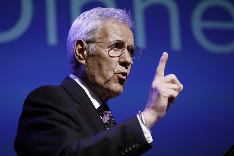 Moderator Alex Trebek speaks during a gubernatorial debate between Democratic Gov. Tom Wolf and Republican Scott Wagner in Hershey, Pa., Monday, Oct. 1, 2018. The debate is hosted by the Pennsylvania Chamber of Business and Industry. (AP Photo/Matt Rourke)