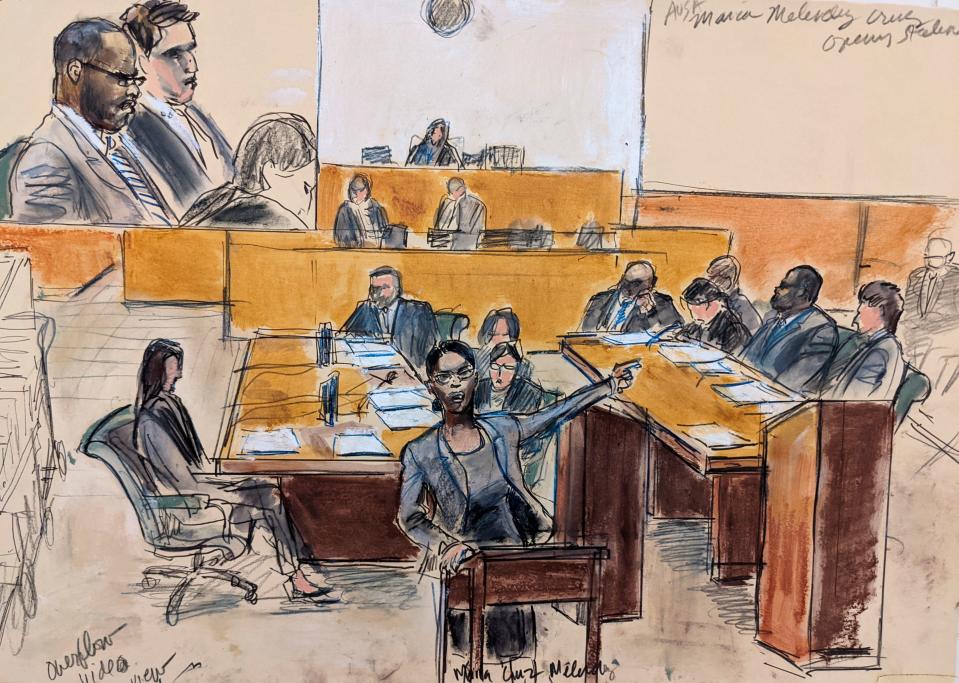 In this courtroom artist's sketch made from a video screen monitor, R. Kelly, top left, listens as Assistant U.S. Attorney Maria Cruz Melendez, center, delivers her opening statement at his federal trial, Aug. 18, 2021 in New York.