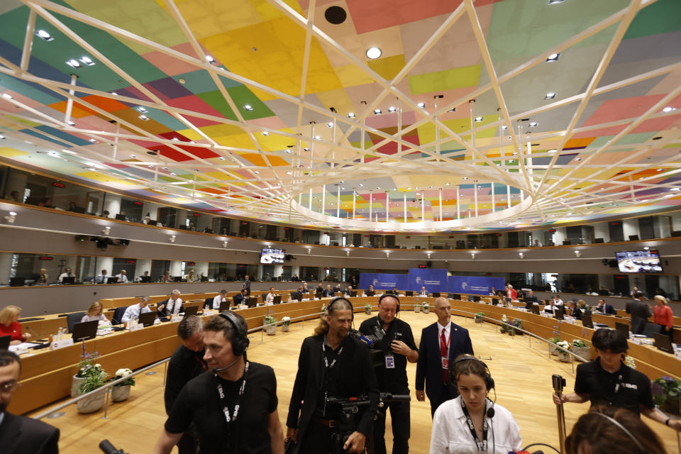 The media are asked to leave the room prior to a round table meeting at an EU summit in Brussels, Thursday, June 27, 2024. European Union leaders are expected on Thursday to discuss the next EU top jobs, as well as the situation in the Middle East and Ukraine, security and defence and EU competitiveness. (AP Photo/Omar Havana)