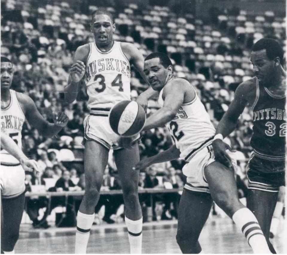 Sam Smith, middle, goes for a ball playing for the Minnesota Muskies of the ABA in the late 1960s.