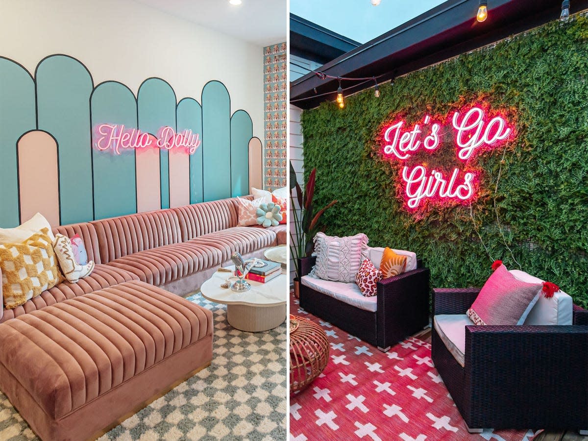 A side-by-side of a colorful room and patio in a bachelorette house.