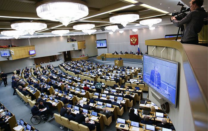 A Russian State Duma plenary meeting discussing a draft law decriminalising some forms of domestic violence. Photo: Anton Novoderezhkin\TASS via Getty Images