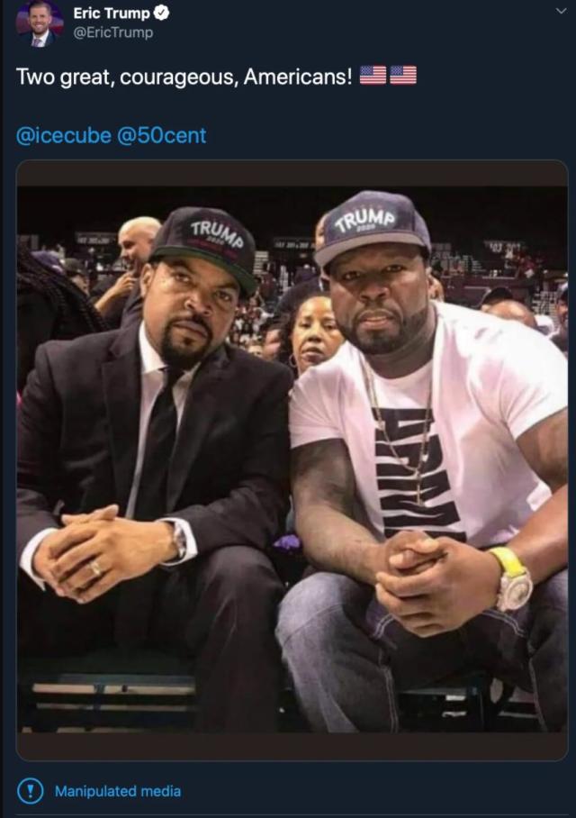 Eric Trump posted a fake photo showing Ice Cube and fellow rapper 50 Cent wearing &amp;ldquo;Trump 2020&amp;rdquo; hats on Tuesday. (Photo: Twitter)