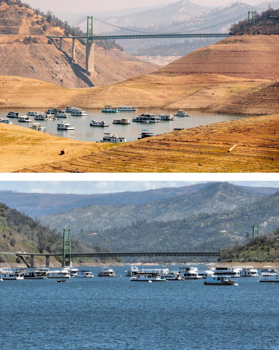 This combination photo created on April 17, 2023, shows boats parked on Lake Oroville near the Bidwell Bar Bridge in Oroville, California, on September 05, 2021 (top) and on April 16, 2023 (below). – A very wet winter has left California’s reservoirs looking healthier than they have for years, as near-record rainfall put a big dent in a lengthy drought.<br>A series of atmospheric rivers — high altitude ribbons of moisture — chugged into the western United States, dousing a landscape that had been baked dry by years of below-average rain. (Photo by JOSH EDELSON / AFP) (Photo by JOSH EDELSON/AFP via Getty Images)