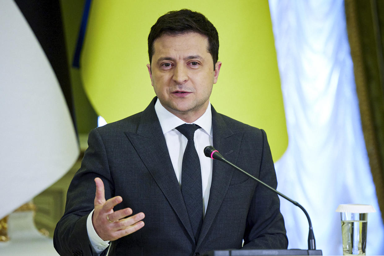 FILE - In this photo provided by the Ukrainian Presidential Press Office, Ukrainian President Volodymyr Zelenskyy gestures during a joint news conference with Estonian President Alar Karis following their talks in Kyiv, Ukraine, Tuesday, Feb. 22, 2022. Volodymyr Zelenskyy’s speech at a Munich security conference Saturday, during which he threatened to pull out of an agreement to abandon the nuclear weapons left in Ukraine after the Soviet collapse in exchange for security guarantees, fueled the fire even further. (Ukrainian Presidential Press Office via AP, File)