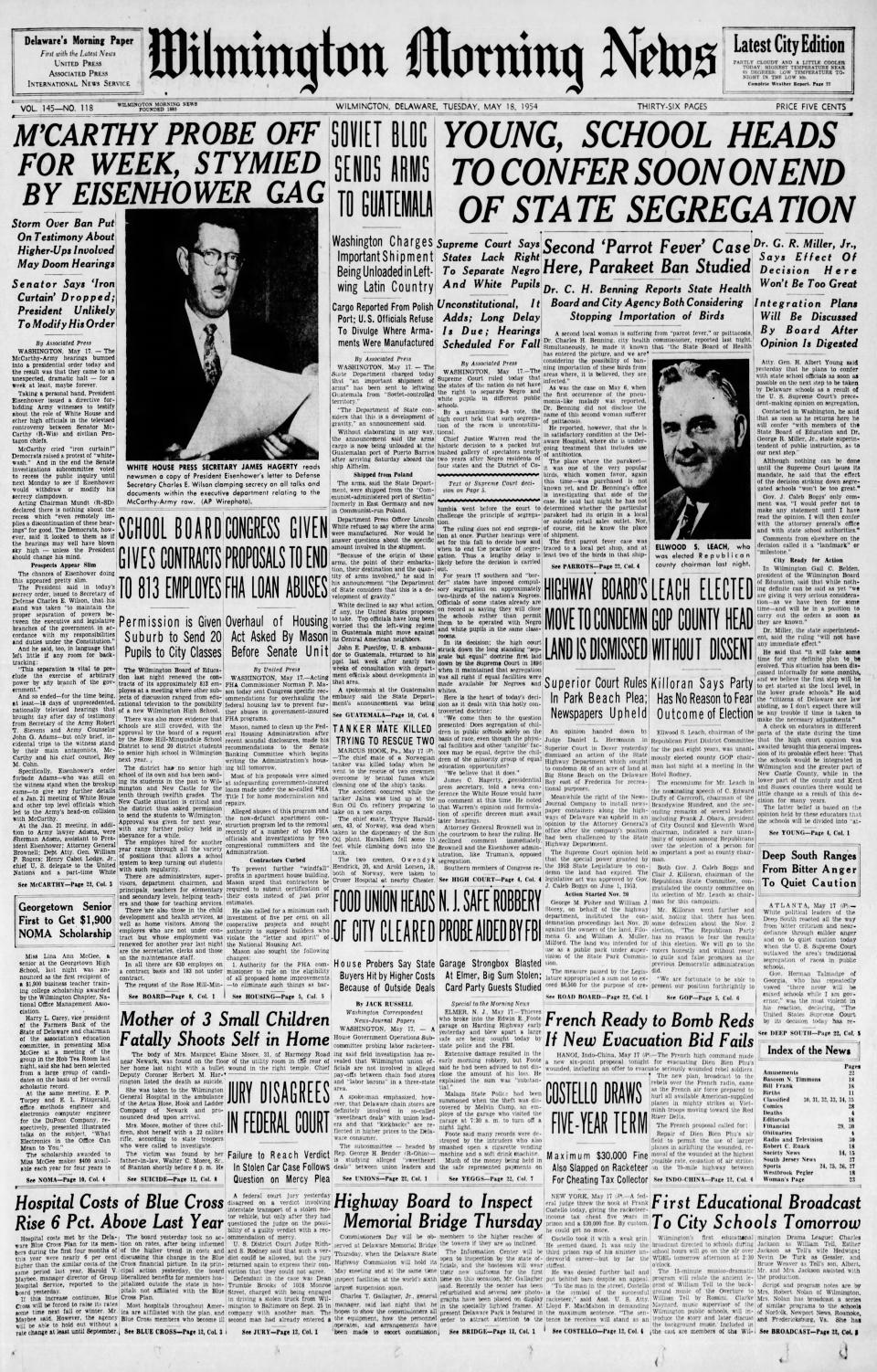 Front page of the Wilmington Morning News from May 18, 1954.