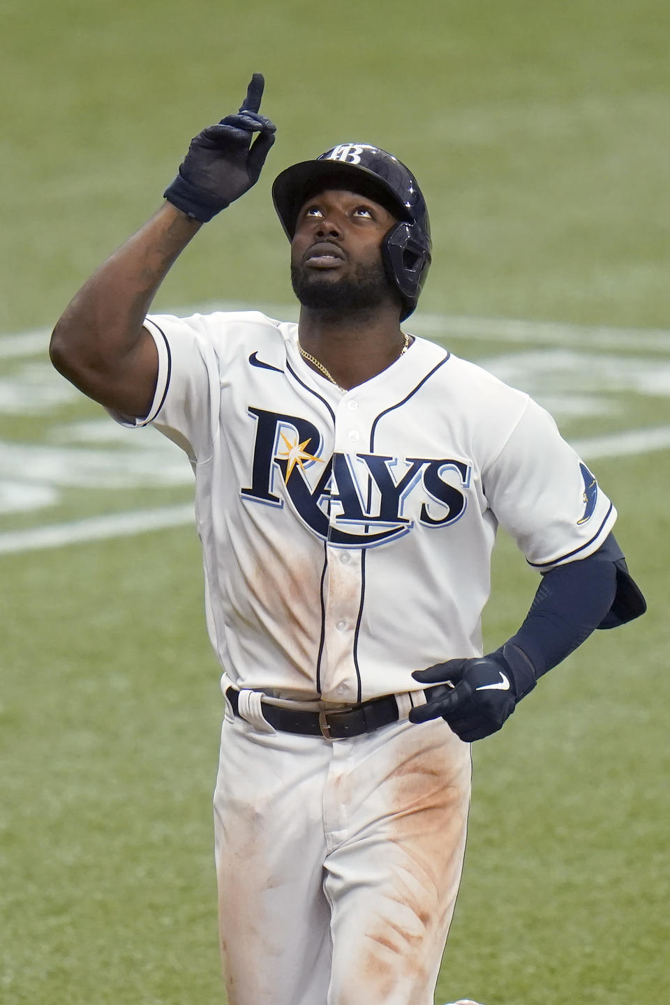 Tampa Bay Rays' Randy Arozarena reacts after his solo home run off New York Yankees starting pitcher Domingo German during the third inning of a baseball game Saturday, April 10, 2021, in St. Petersburg, Fla. (AP Photo/Chris O'Meara)