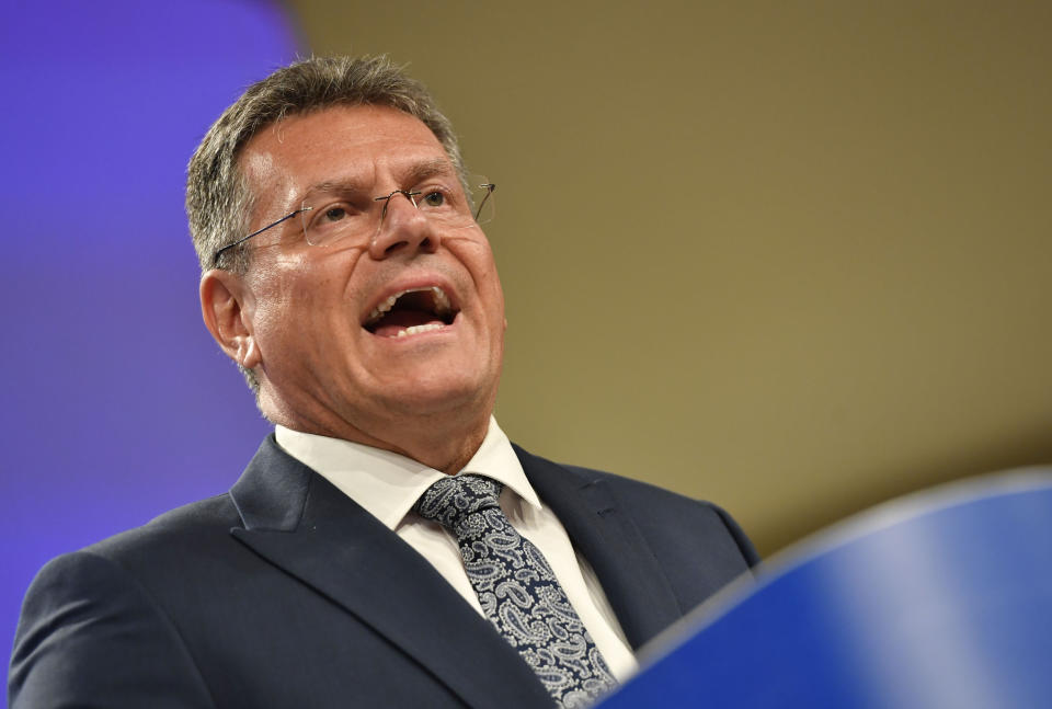 European Commissioner for Inter-institutional Relations and Foresight Maros Sefcovic speaks during a media conference at EU headquarters in Brussels, Wednesday, June 15, 2022. Britain's government on Monday proposed new legislation that would unilaterally rewrite post-Brexit trade rules for Northern Ireland, despite opposition from some U.K. lawmakers and EU officials who say the move violates international law. (AP Photo/Geert Vanden Wijngaert)