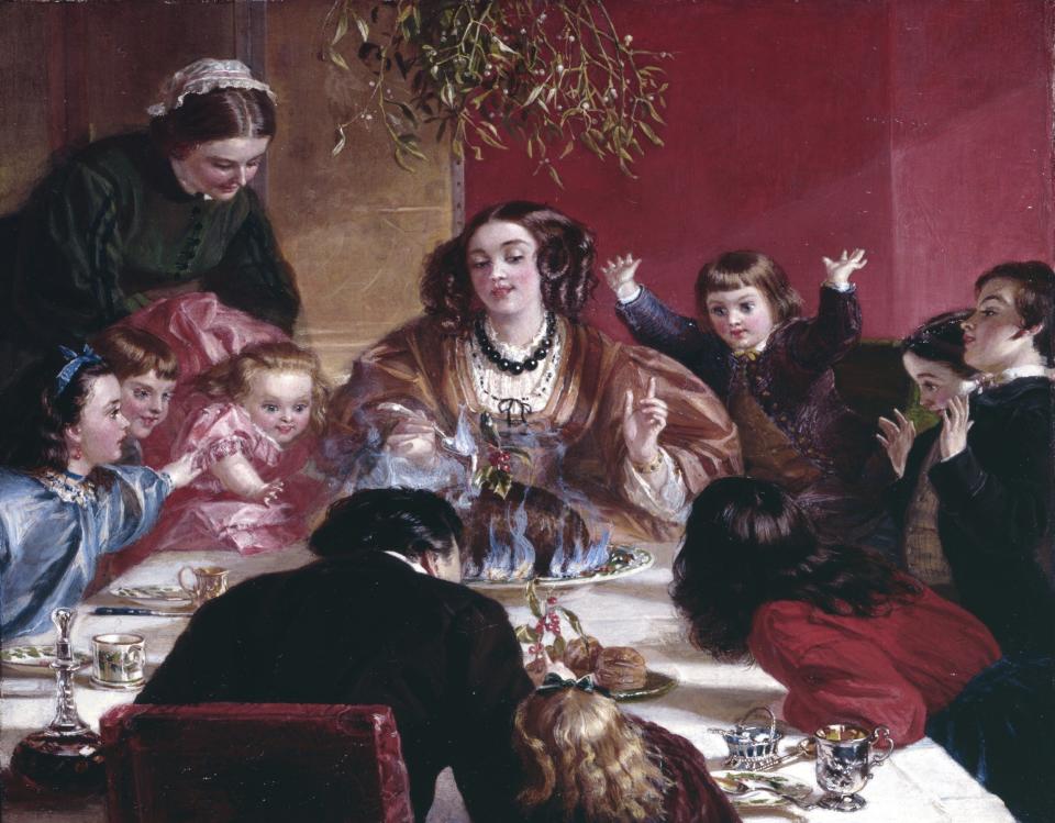 an oil painting of a family eating Christmas lunch, based on a sketch in the Illustrated London News (1868)