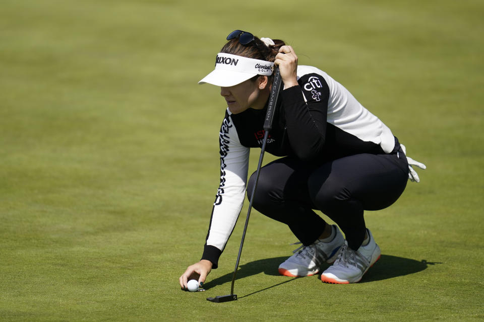 Hannah Green lines up a putt on the eighth green during the second round of the LPGA's Palos Verdes Championship golf tournament on Friday, April 29, 2022, in Palos Verdes Estates, Calif. (AP Photo/Ashley Landis)
