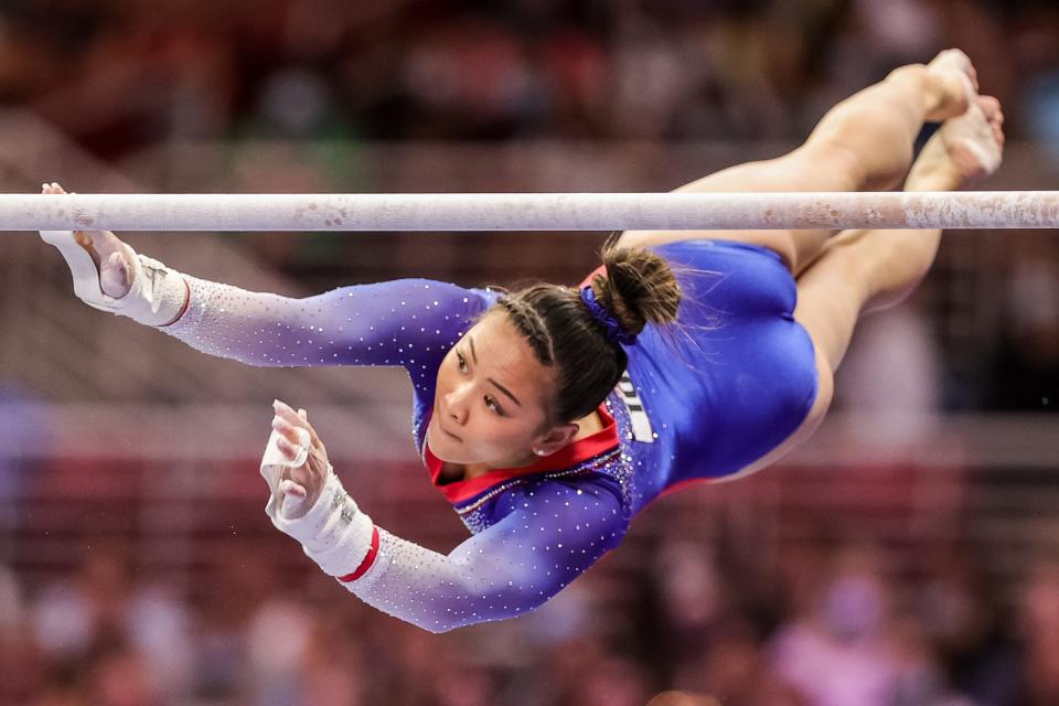 Sunisa Lee competes on uneven bars during the 2021 U.S. Olympic Trials.