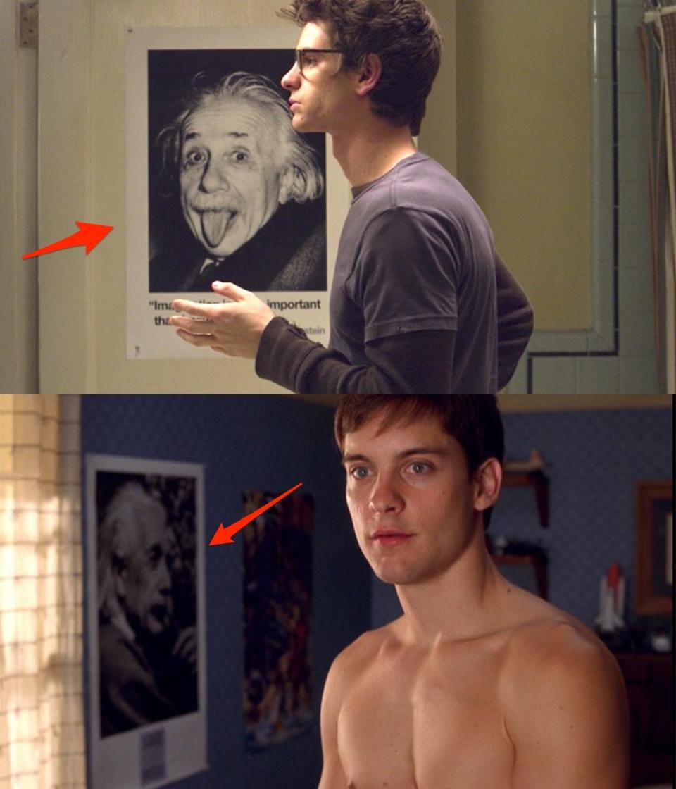 In the top image: A poster of Einstein in Peter Parker's bathroom in "The Amazing Spider-Man." In the bottom image: An Einstein poster in Peter Parker's bedroom in "Spider-Man."