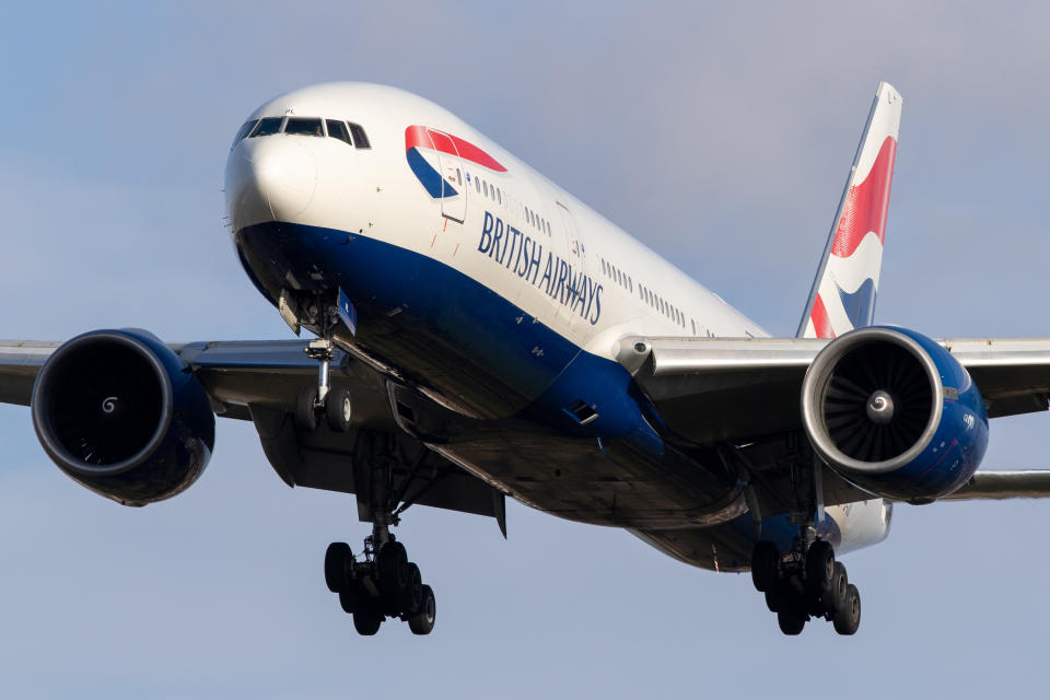 A British Airways Boeing 777 lands at London Heathrow Airport on 28th October 2020  (Photo by Robert Smith/MI News/NurPhoto via Getty Images)