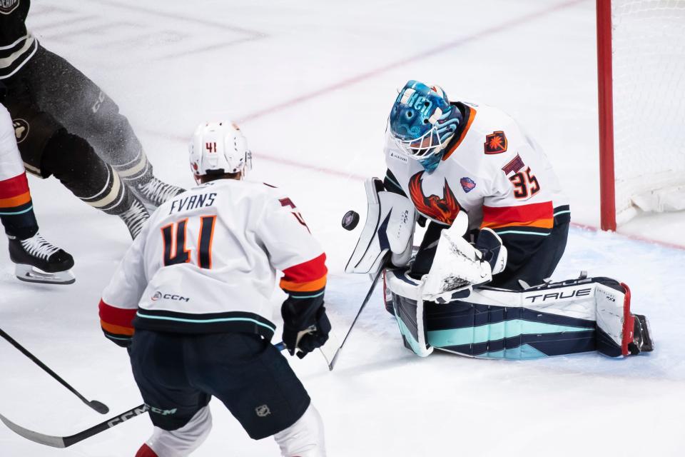 Coachella Valley goalie Joey Daccord (35) blocks a shot with his body during the first period of Game 4 of the Calder Cup Finals against Hershey at the Giant Center in Hershey, Pa., Thursday, June 15, 2023. The Bears won, 3-2, to even the series at two games apiece.