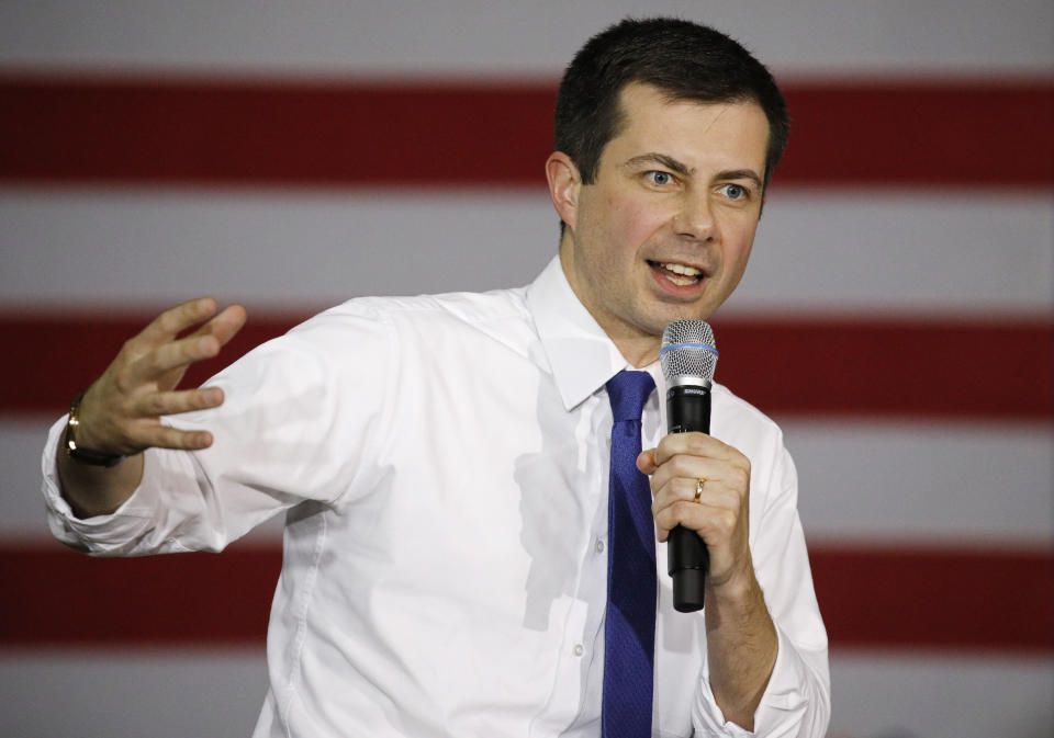 Democratic presidential candidate former South Bend Mayor Pete Buttigieg speaks during a rally Sunday, Feb. 16, 2020, in Las Vegas. (AP Photo/John Locher)