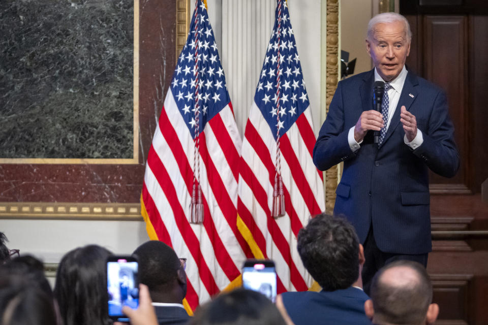 President Joe Biden speaks at the White House Creator Economy Conference in the Indian Treaty Room at the Eisenhower Executive Office Building on the White House complex, Wednesday, Aug. 14, 2024, in Washington. (AP Photo/Mark Schiefelbein)