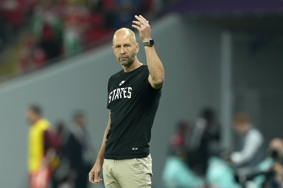 head coach Gregg Berhalter of the United States gestures during the World Cup, group B soccer match between the United States and Wales, at the Ahmad Bin Ali Stadium in Doha, Qatar, Monday, Nov. 21, 2022. (AP Photo/Francisco Seco)