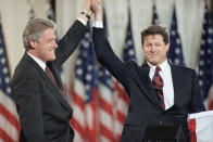 FILE - President-elect Bill Clinton stands with his running mate Al Gore on the stage at the Old State House Nov. 4, 1992 in Little Rock, Arkansas during the celebration of their victory over George Bush. A new CNN Films documentary explores the role of the U.S. vice presidency, which in modern times has emerged into a more powerful position. Still, the film notes that a veep’s duties are all up to the president. (AP Photo/Susan Ragan, File)