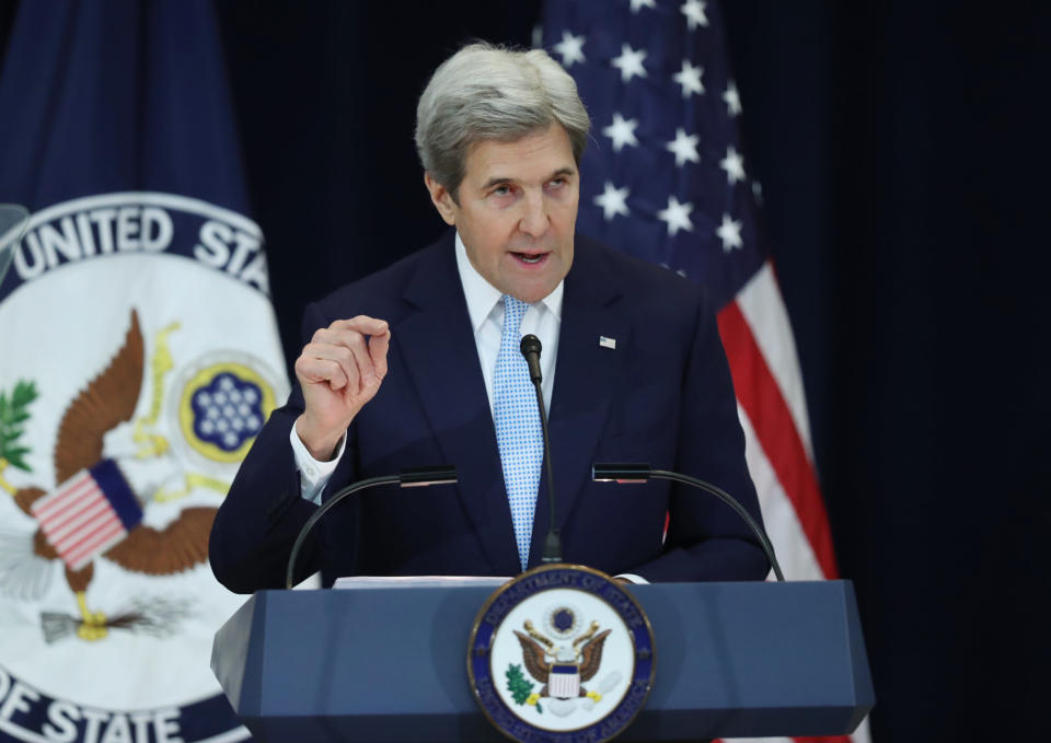 <p> Secretary of State John Kerry speaks about Israeli-Palestinian policy, Wednesday, Dec. 28, 2016, at the State Department in Washington. (AP Photo/Andrew Harnik) </p>