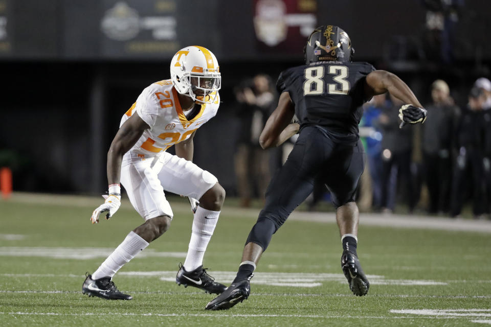 Tennessee defensive back Bryce Thompson (20) defends against Vanderbilt wide receiver C.J. Bolar (83) in the second half of an NCAA college football game Saturday, Nov. 24, 2018, in Nashville, Tenn. Vanderbilt won 38-13. (AP Photo/Mark Humphrey)