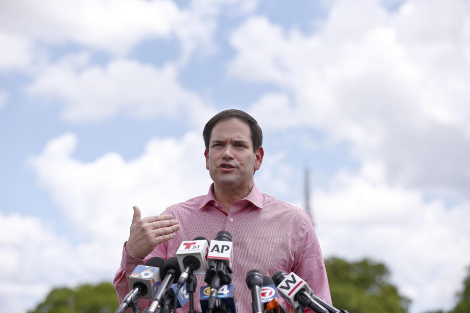 FILE - In this June 22, 2018, file photo, Sen Marco Rubio speaks during a news conference in front of the Homestead Temporary Shelter for Unaccompanied Children in Homestead, Fla. After flaming out in the GOP presidential primary _ and enduring rival Donald Trump’s taunts along the way _ Rubio is entering his next act in politics. But one thing Rubio isn’t doing, he says, is gearing up for a White House run in 2020. And, he says no other Republicans should primary Trump either, because it could cost the GOP the presidency. (AP Photo/Brynn Anderson, File)