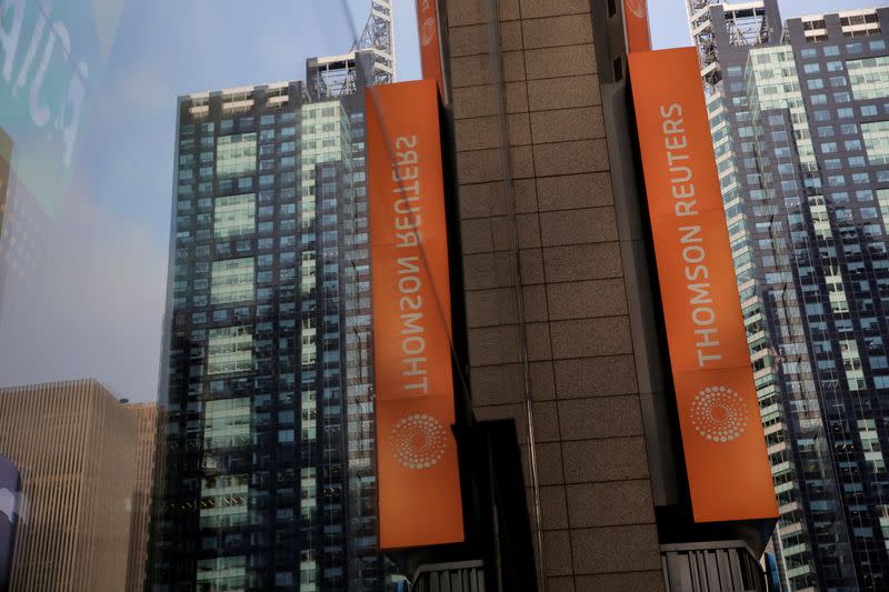 FILE PHOTO: The Thomson Reuters logo is seen on the company building in Times Square, New York.