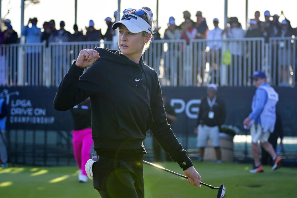 Nelly Korda reacts after a birdie putt on the 18th green to force a playoff with Lydia Ko during the final round of the LPGA Drive On Championship golf tournament at Bradenton Country Club, Sunday, Jan. 28, 2024, in Bradenton, Fla. (AP Photo/Steve Nesius)