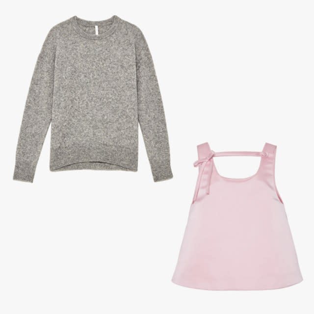 The Group by Babaton Thurlow sweater, $75, aritzia.com; Prada bow-detailed silk-satin top, $1,390, modaoperandi.com