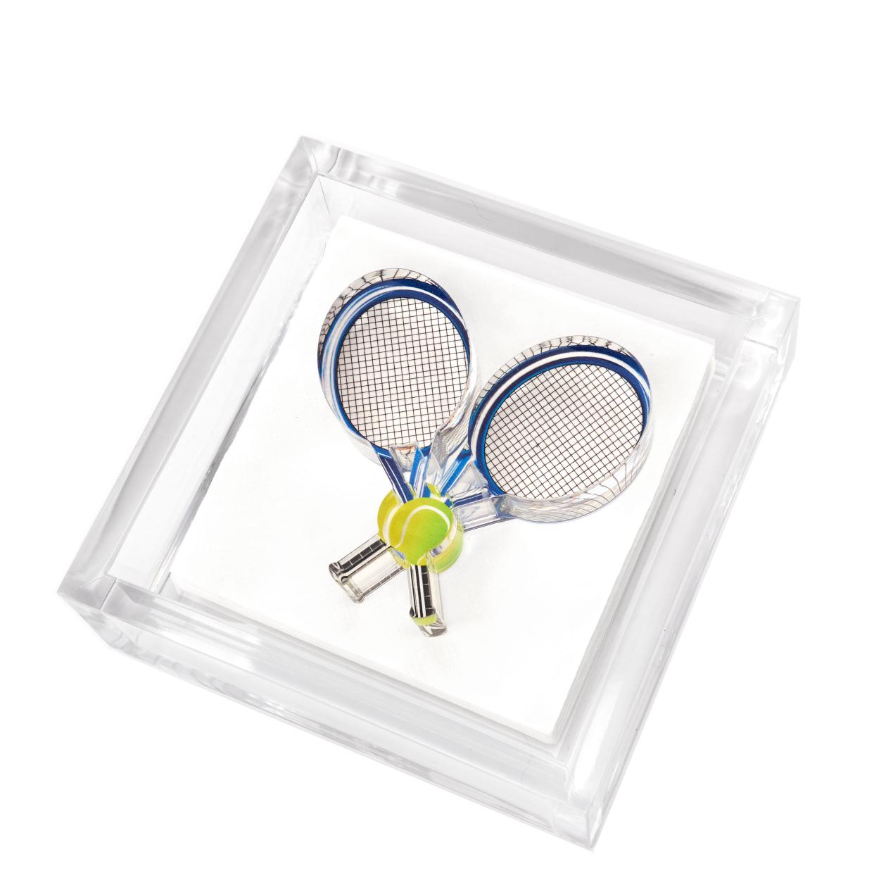 <p><a href="https://tarawilsondesigns.com/products/cocktail-napkin-holder-tennis-racquets" rel="nofollow noopener" target="_blank" data-ylk="slk:Shop Now;elm:context_link;itc:0;sec:content-canvas" class="link rapid-noclick-resp">Shop Now</a></p><p>Cocktail Napkin Holder</p><p>Tara Wilson Designs</p><p>$90.00</p><span class="copyright">Courtesy of Tara Wilson Designs</span>