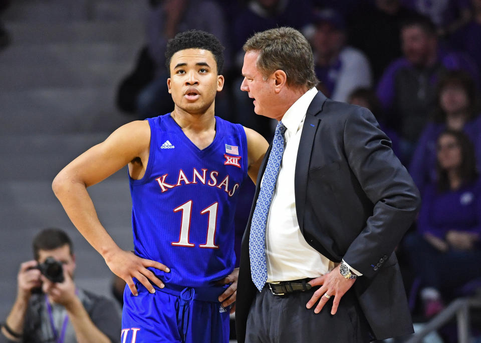 Bill Self of the Kansas Jayhawks instructs Devon Dotson #11 during the first half against the Kansas State Wildcats on February 5, 2019. (Getty)