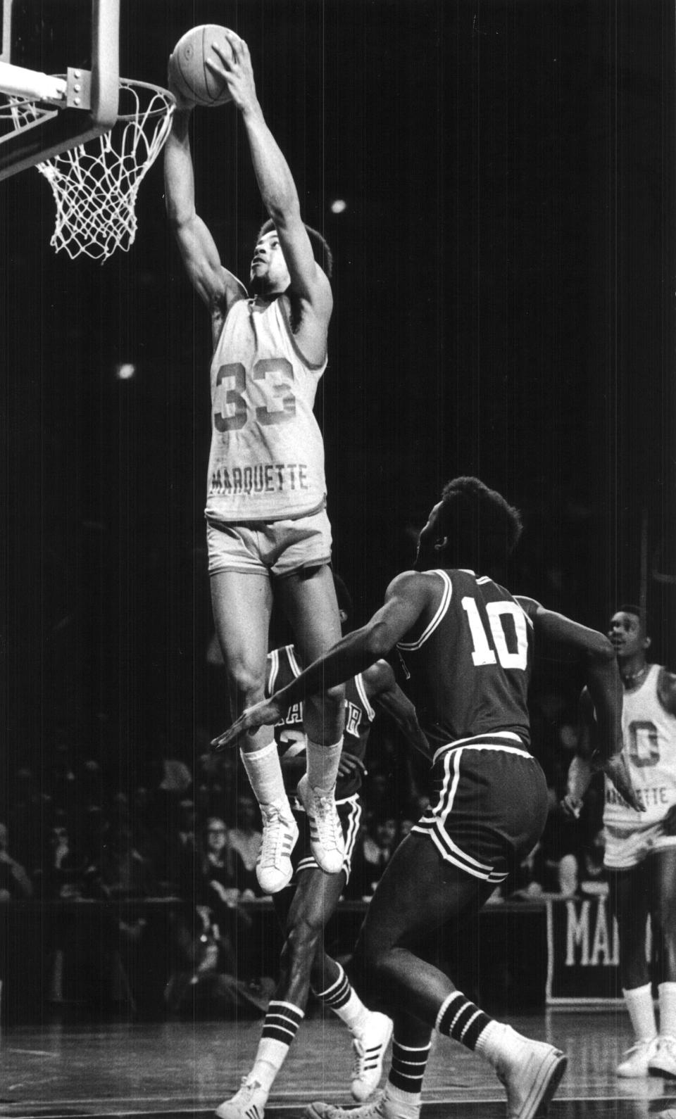 Marquette's Bernard Toone dunks during a game in November, 1977.