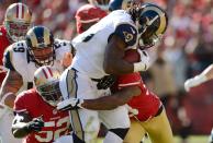 SAN FRANCISCO, CA - NOVEMBER 11: Steven Jackson #39 of the St. Louis Rams drags Dashon Goldson #38 and Patrick Willis #52 of the San Francisco 49ers into the endzone for a seven yard touchdown run in the first quarter of their NFL football game at Candlestick Park on November 11, 2012 in San Francisco, California. (Photo by Thearon W. Henderson/Getty Images)