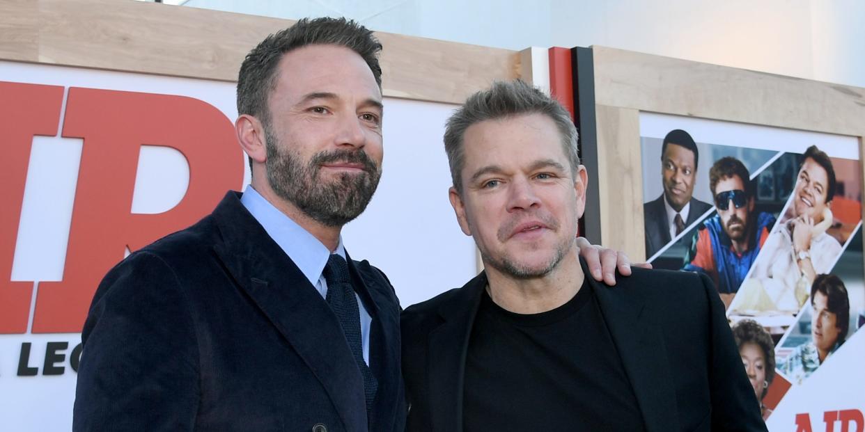 Ben Affleck and Matt Damon smile at the "Air" premiere