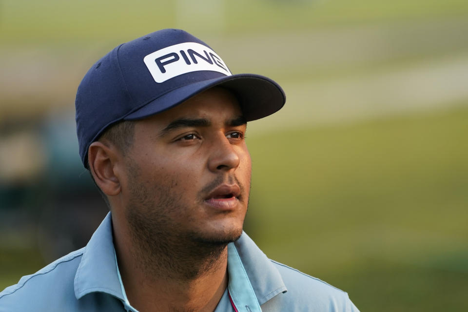 Defending champion Sebastian Munoz, of Colombia, looks towards the clubhouse after finishing the first round of the Sanderson Farms Championship golf tournament in Jackson, Miss., Thursday, Oct. 1, 2020. (AP Photo/Rogelio V. Solis)