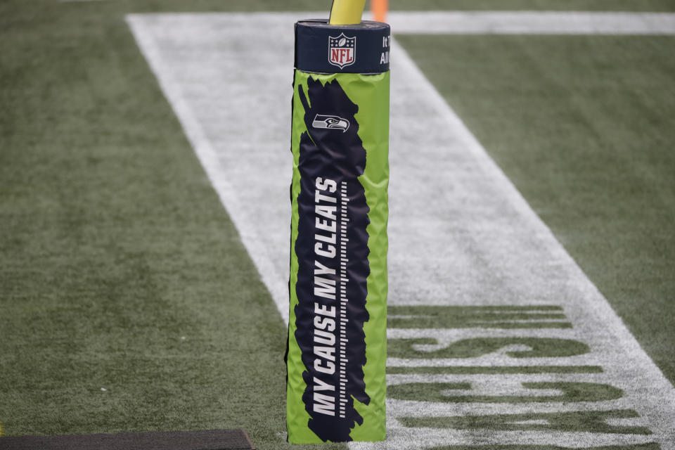 A goal post pad shows the logo of the NFL's "My Cause My Cleats" initiative, before an NFL football game between the Seattle Seahawks and the New York Giants, Sunday, Dec. 6, 2020, in Seattle. (AP Photo/Larry Maurer)