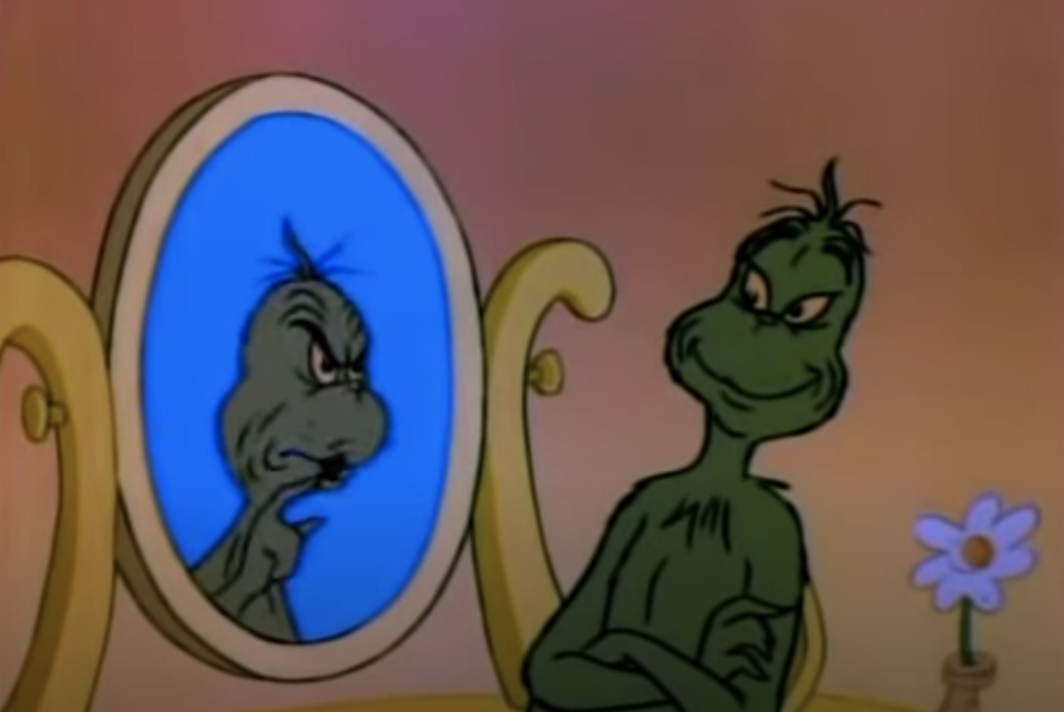 The grinch smiling at his reflection