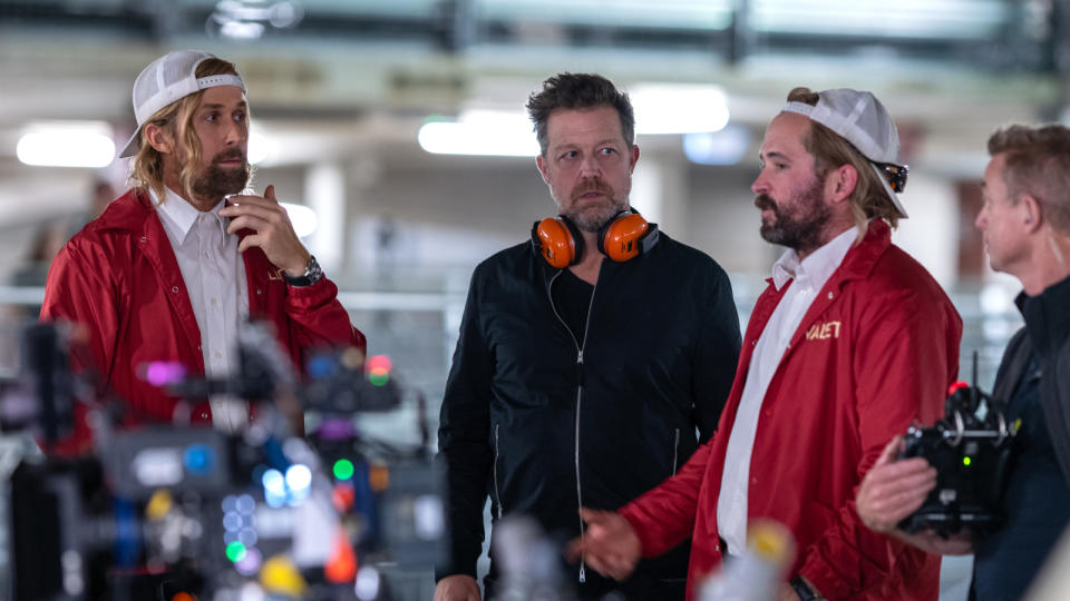 The Fall Guy director David Leitch (middle) with Ryan Gosling (left), and Logan Holladay on set. PHOTO: United International Pictures