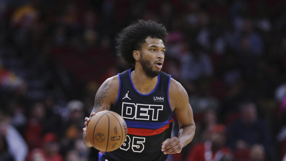 Detroit Pistons forward Marvin Bagley III during the second half of an NBA basketball game against the Houston Rockets Monday, Jan. 1, 2024, in Houston. (AP Photo/Michael Wyke)