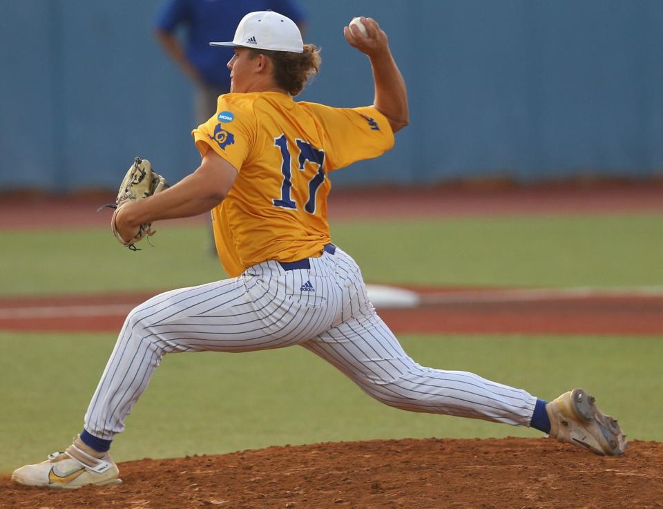 Angelo State University pitcher Jackson Haga gets ready to fire a pitch during Game 4 of the NCAA D-II South Central Regional against Texas A&M-Kingsville at Foster Field at 1st Community Credit Union Stadium on Friday, May 20, 2022.